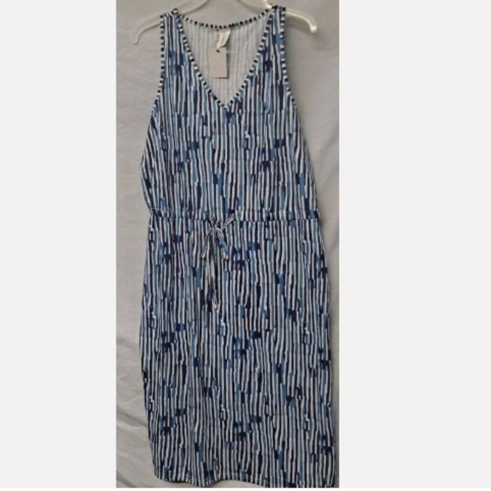 West Loop Sundress V-neck, Sleeveless, Waist pull string, Blue and White NWT